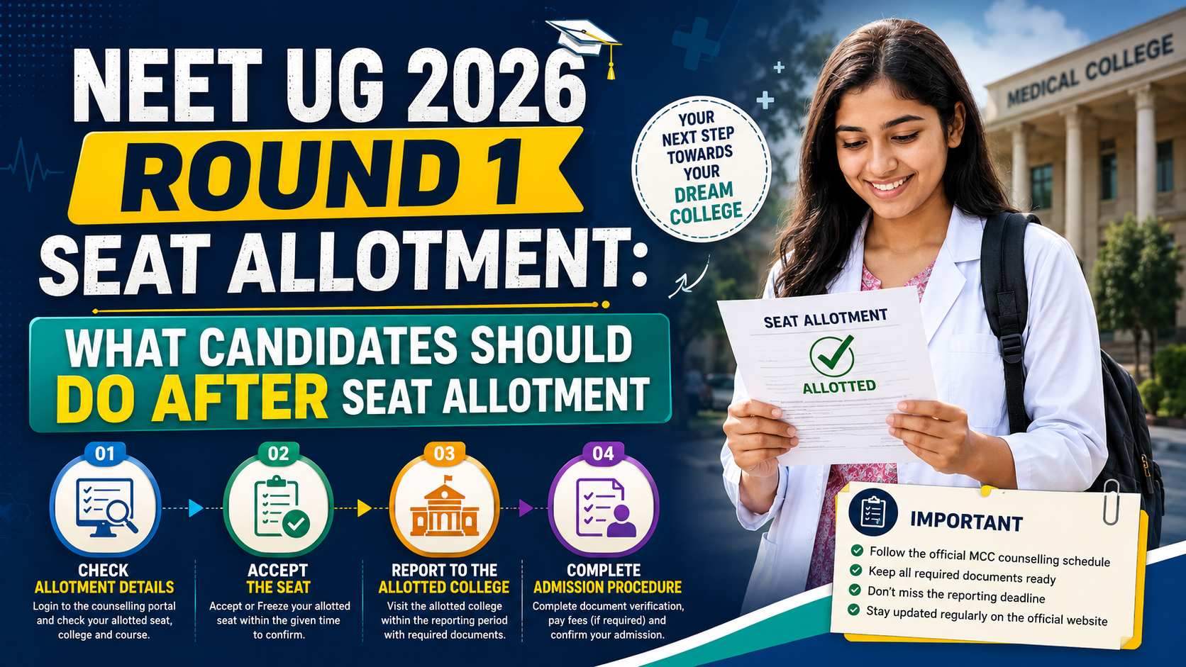 NEET UG 2026 Round 1 Seat Allotment: What Candidates Should Do After Seat Allotment